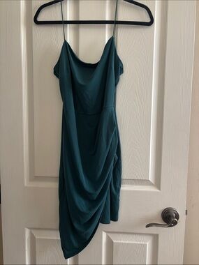 Asymmetrical Teal Cowl Neck Slip Dress - Women